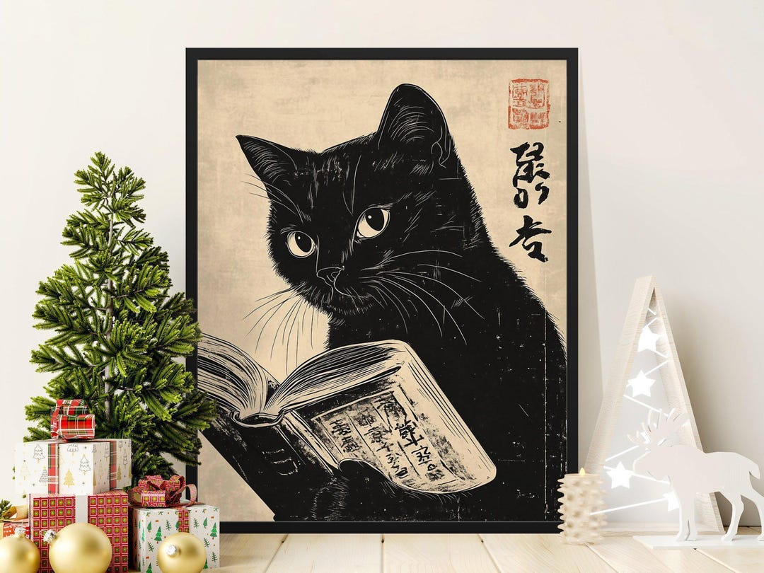 Vintage Cat Art Print, Japanese Black Cat Reading Book Poster - Etsy