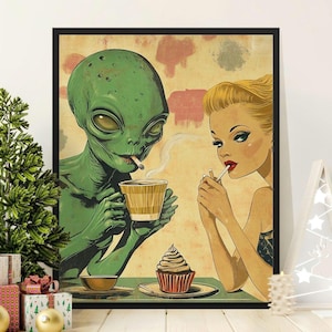 Retro Alien and Woman Coffee Date Poster, Vintage Sci-Fi Art, Kitsch Alien Artwork, Fun Wall Decor for Home or Cafe, 1950s Style Print