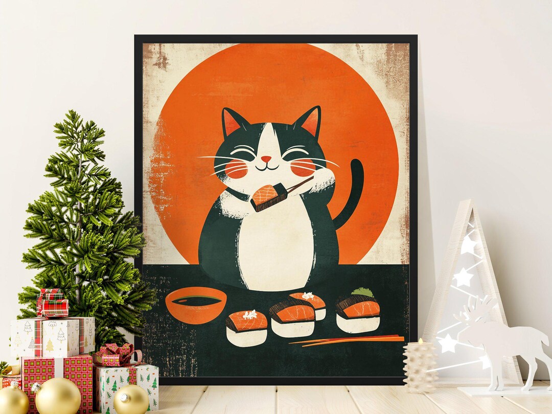 Cute Cat Eating Sushi Poster, Japanese Cuisine Wall Art, Adorable ...