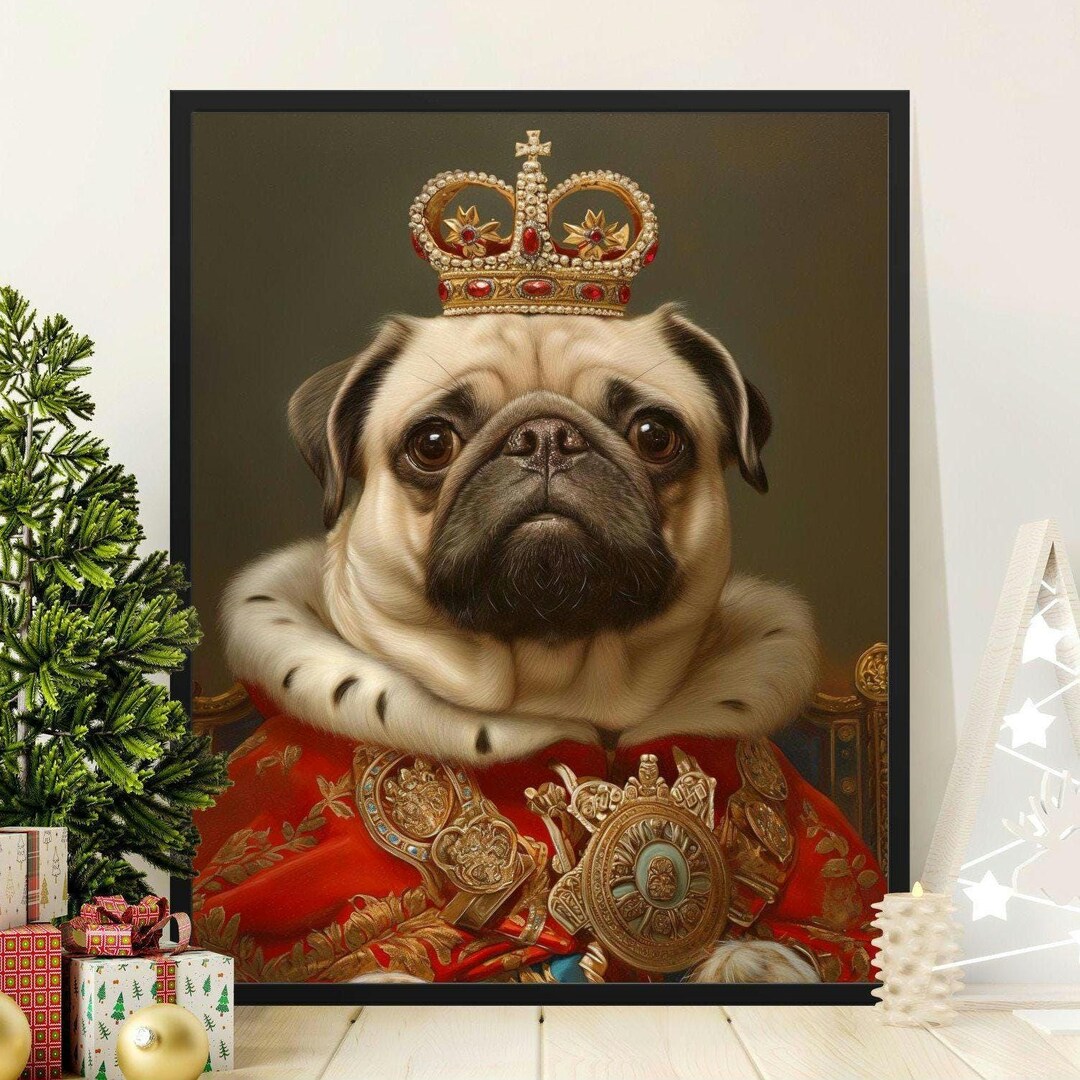 Royal Pug Poster Wall Art, Funny Animal Portrait, Unique Pet Decor, Pug