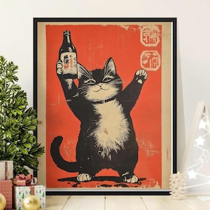 Vintage Japanese Cat Poster, Tuxedo Kitty Art, Retro Anime Style, Cute Animal Wall Decor, Funny Pet Portrait, Home Decor Print