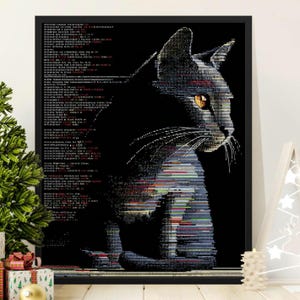 May include: A framed art print featuring a black cat with pixelated details, set against a black background. The cat's profile is visible, with orange eyes and long whiskers. The left side of the image is filled with computer code.
