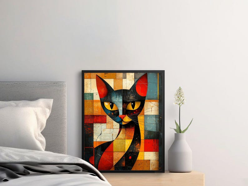 Modern Geometric Cat Wall Art, Abstract Animal Artwork for Home Decor