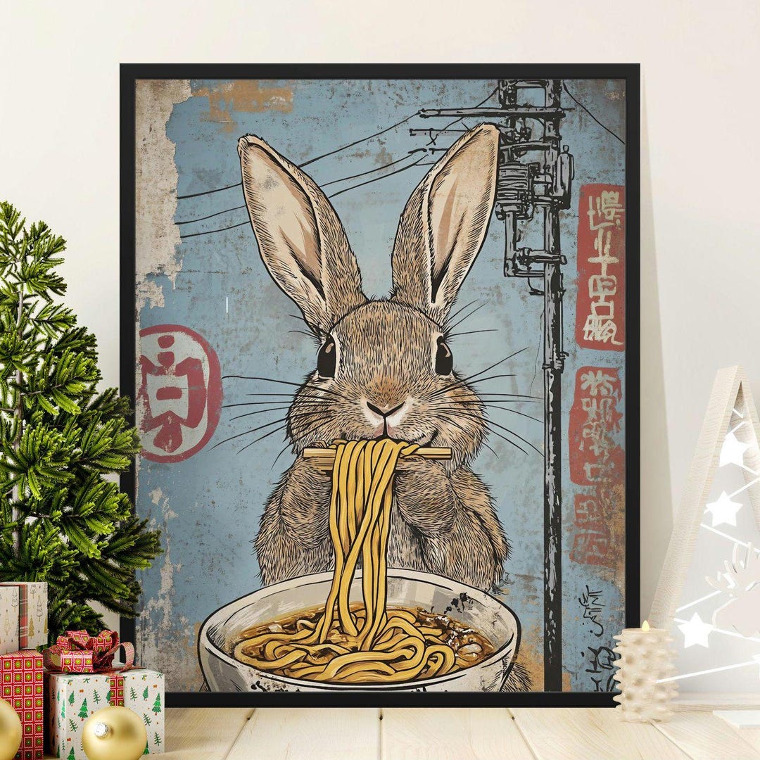 Cute Rabbit Eating Ramen Poster, Whimsical Animal Illustration, Unique ...