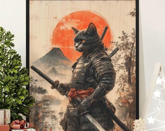 Samurai Cat Warrior Print, Japanese Mount Fuji Art, Black Feline Poster