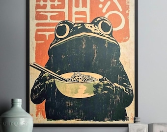 Retro Frog Ramen Giclée Print, Quirky Kitchen Wall Art