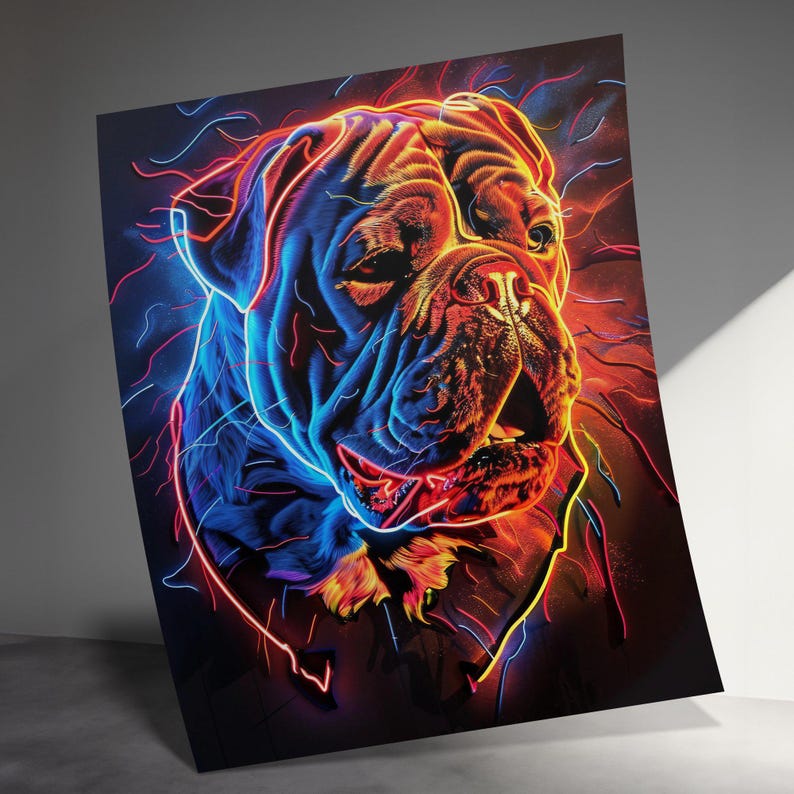 Neon Bulldog Wall Art, Colorful Dog Head Poster, Vibrant Animal