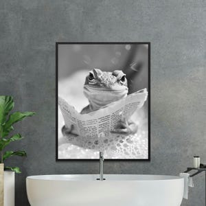 Cute Gecko Reading Newspaper Wall Art, Whimsical Black and White Animal Print, Fun Reptile Decor, Unique Lizard Artwork, Nature Wall Art