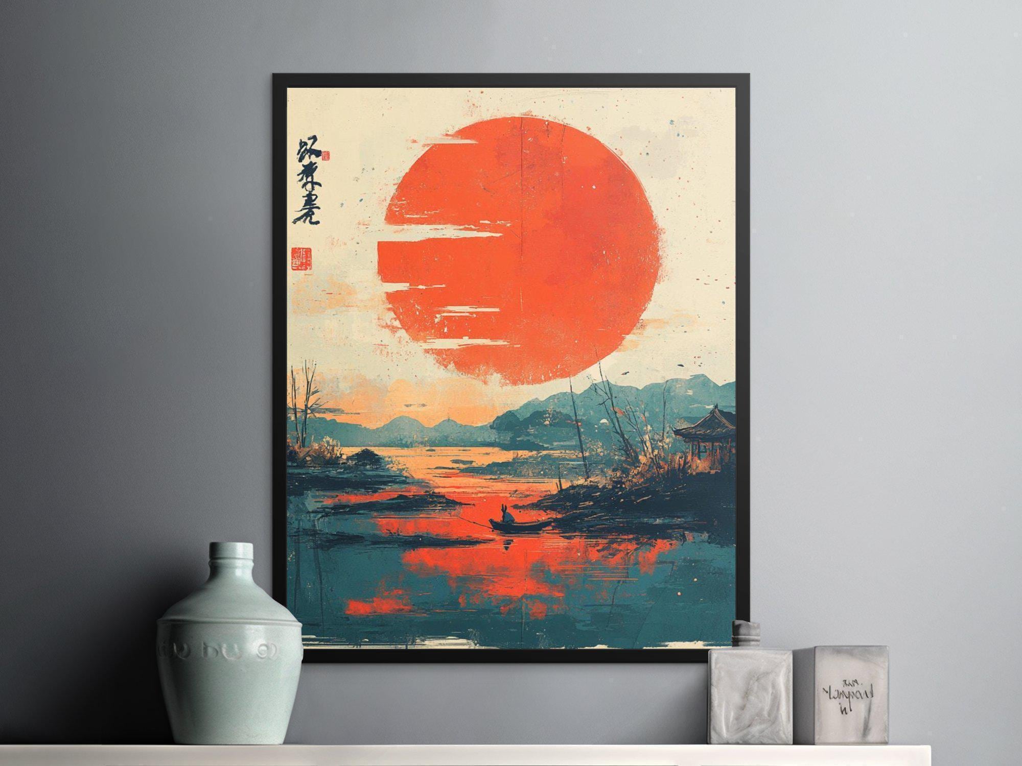 Japanese Red Sun Landscape Art Print, Minimalist Wall Decor - Etsy