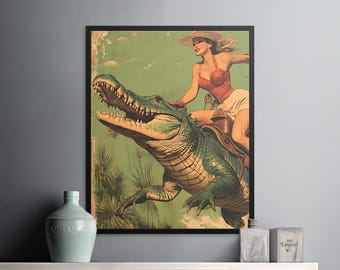 Vintage Cowgirl Riding Alligator Art Print, Retro Western Wall Decor, Unique Animal Lover Gift, Rustic Americana Aesthetic Poster
