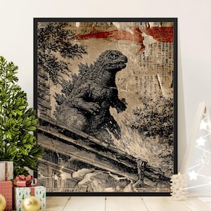 Godzilla Canvas, Framed Poster, Large Poster, Monster Art Print, Vintage Japanese Decor, Kaiju Wall Art, Sci Fi Movie Gift, Godzilla Decor
