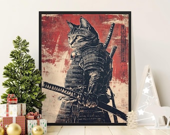 Samurai Cat Art Print: Japanese Warrior Feline Decor
