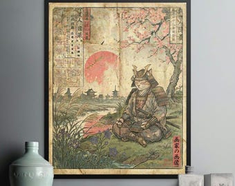 Samurai Cat Japanese Art Print, Ukiyo-e Warrior Cat Poster