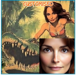 The image is a collage of two distinct images. The top image depicts a woman with a crocodile, while the bottom image shows a close-up of a woman's face.