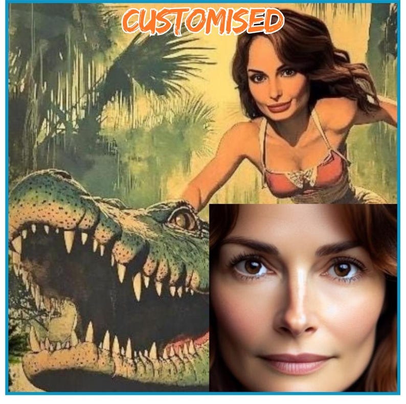 The image is a collage of two distinct images. The top image depicts a woman with a crocodile, while the bottom image shows a close-up of a woman's face.