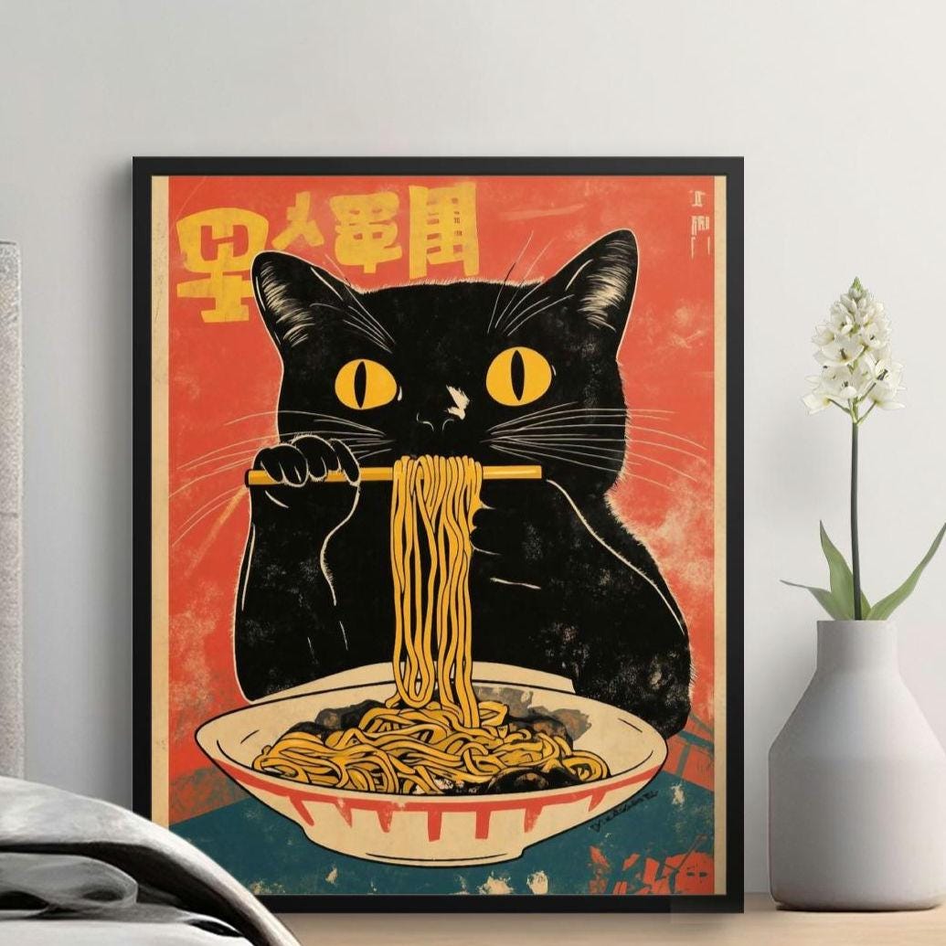 Vintage Cat Eating Ramen Wall Art Retro Japanese Poster Print Unique Kitchen Decor Noodle Lover Gift Quirky Cat Illustration