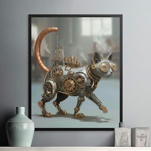 Steampunk Cat Art Print, Robotic Feline Industrial Decor, Gears Cogs Mechanical Animal Poster