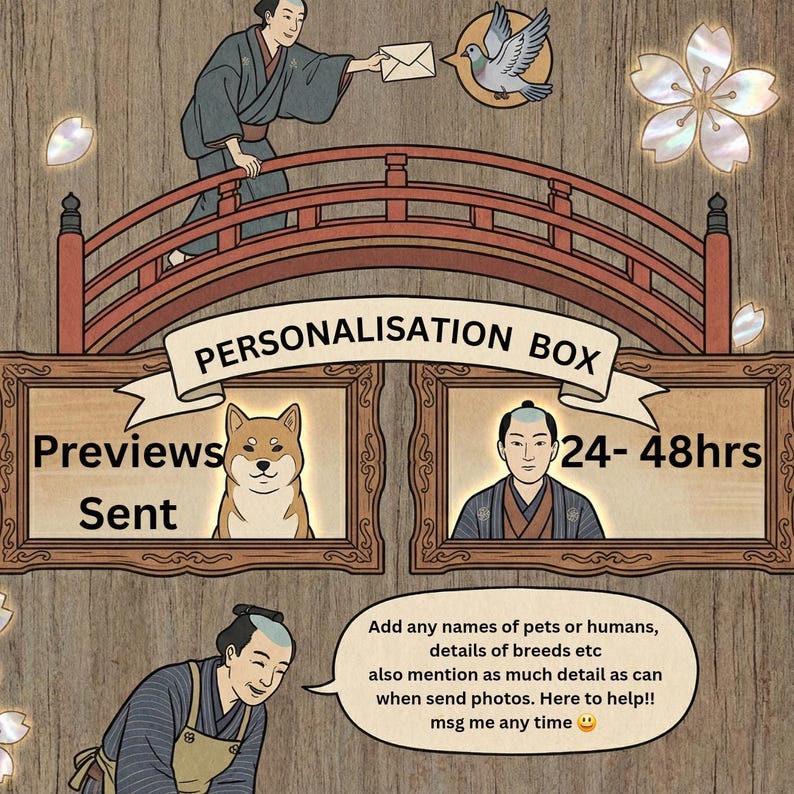The image is a cartoon featuring a man in traditional Japanese attire, a dog, and a bird, with a bridge and a sign for a personalisation box.