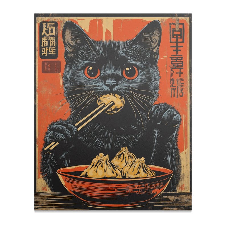 Vintage Cat Art Poster, Retro Cat Eating Dumplings Print, Chinese