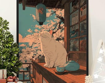 Può includere: Una stampa artistica incorniciata raffigura un gatto bianco su un portico di legno, che guarda in alto. Una lanterna turchese è appesa sopra, con fiori di ciliegio sullo sfondo. Una teiera e una tazza turchesi sono sul portico. L'opera è incorniciata in nero.