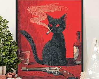 Black Cat Smoking Canvas Print Poster, Edgy Pulp Fiction Wall Art, Vintage Noir Cat Decor, Rebellious Home Gift