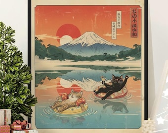 Ukiyo-e Cat Fuji Print, Funny Japanese Wall Art