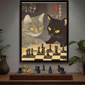 Cute Cats Playing Chess Poster, Vintage Style Cat Art Print, Unique Animal Chess Game Decor, Wall Art for Cat Lovers, Home Decor