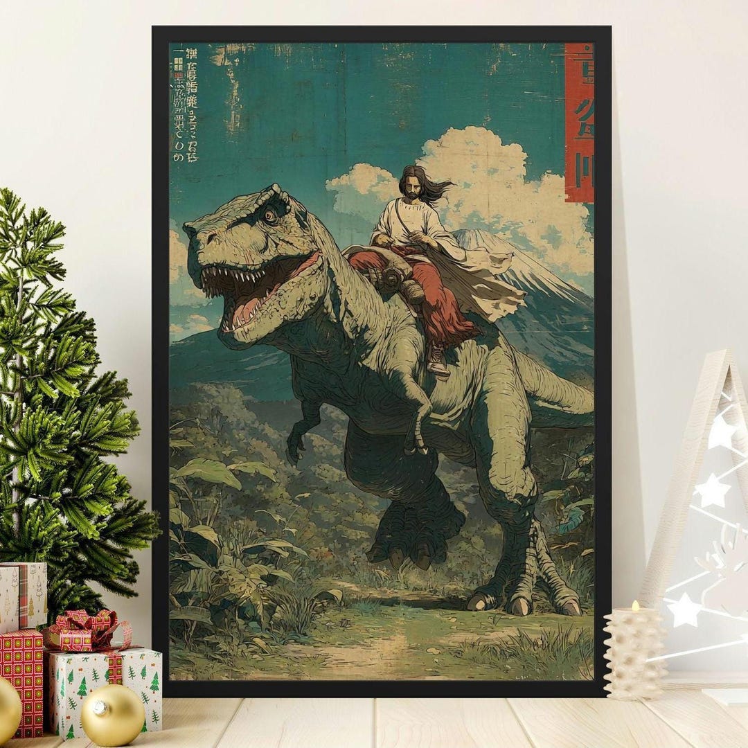 Jesus Riding Dinosaur Canvas Print, Religious Humor, Quirky Art - Etsy