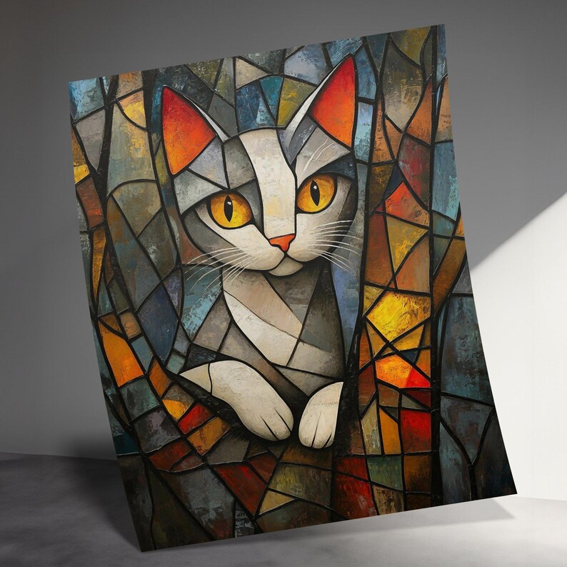 Cat Stained Glass Wall Art, Abstract Kitty Home Decor, Colorful Feline
