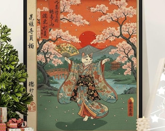 Ukiyo-e Cat Art Print, Japanese Kimono Cat, Cherry Blossom Home Decor