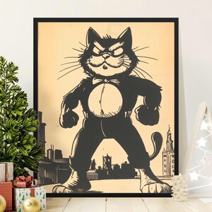 Cartoon Cat Poster, Vintage Style Art, Retro Decor, Grumpy Cat Illustration, Black Cat Print, Cityscape Background, Unique Wall Art