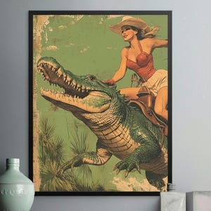 Cowgirl Riding Alligator Art Print, Retro Americana Western Decor