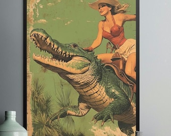 Cowgirl Riding Alligator Art Print, Retro Americana Western Decor