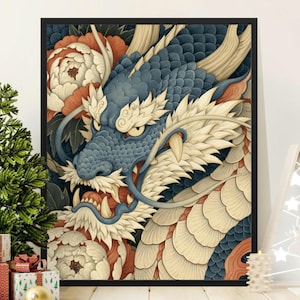 Japanese Dragon Canvas Print, Peony Asian Art, Fantasy Folklore Wall Decor