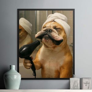 Funny Bulldog in Towel Canvas Print: Humorous Bathroom Wall Art