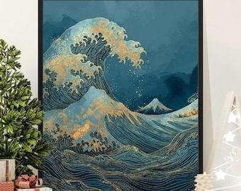 Wave Art Print, Japanese Ocean Poster, Coastal Wall Decor