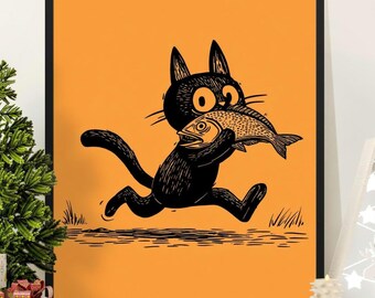 Whimsical Black Cat Fish Canvas Print, Retro Mid-Century Modern Wall Art, Pet Lover Decor