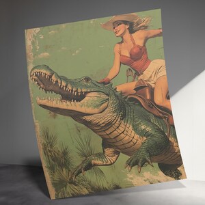 Affiche Vintage Cowgirl à Cheval Avec Alligator - Poster Rétro Western - Décoration Murale