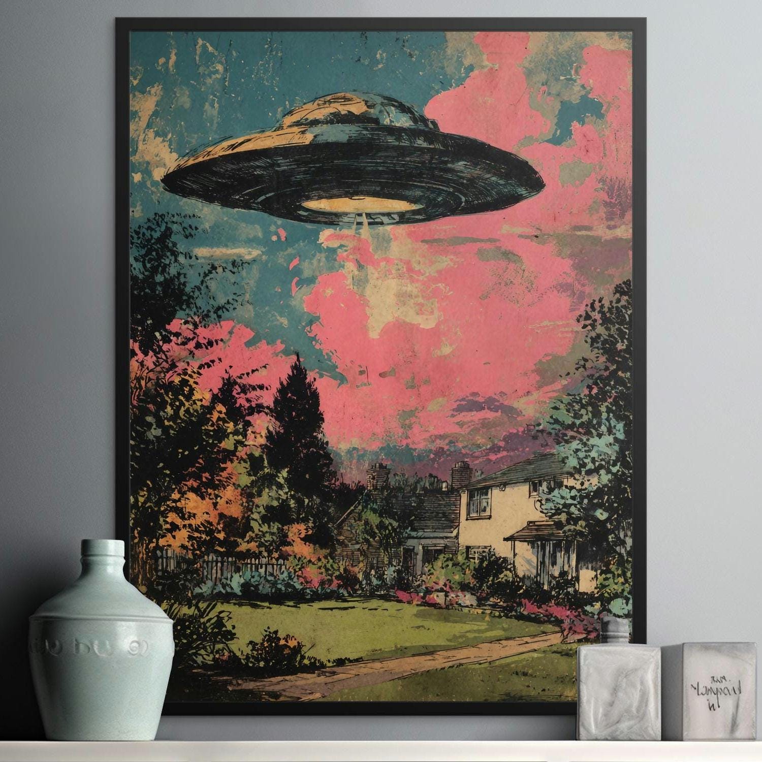 UFO Art Print, Flying Saucer Canvas, Retro Poster, Alien Invasion Framed Art, Outer Space Wall Decor, Vintage Sci-Fi Artwork, Home Invasion