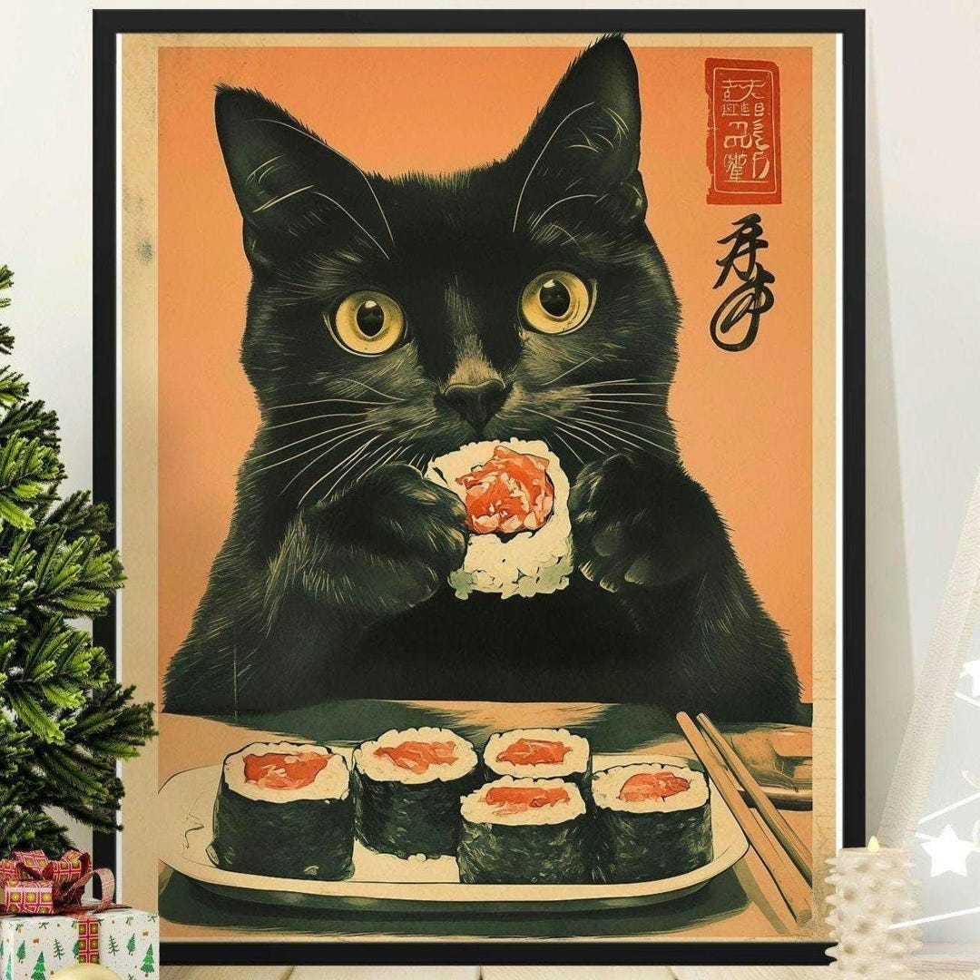 Cute Cat Eating Sushi Poster, Funny Cat Art Wall Decor, Japanese ...