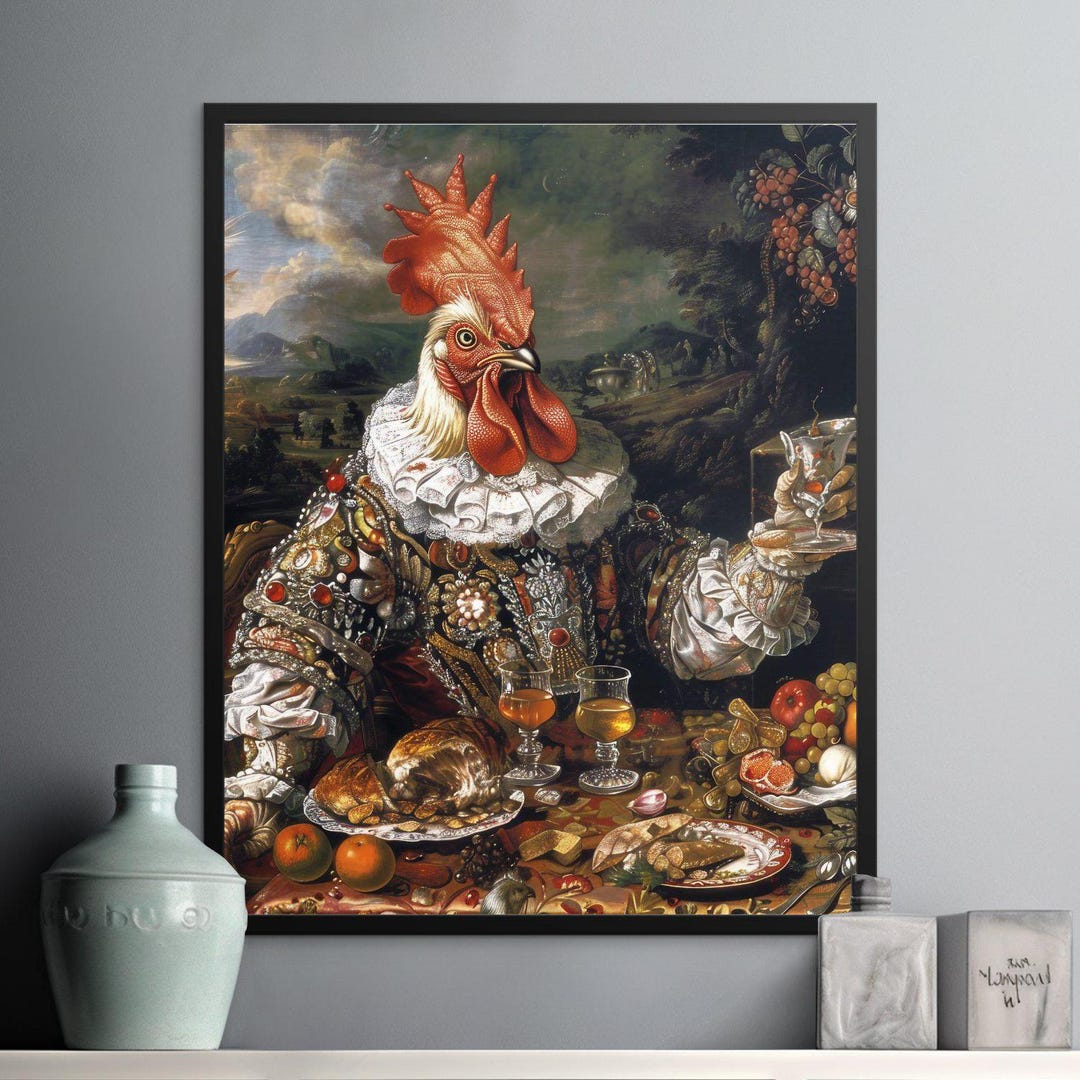 Vintage Rooster Wall Art, Baroque Chicken Portrait, Unique Farm Animal