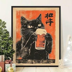 Vintage Cat with Beer Poster, Retro Art Print, Funny Cat Wall Decor, Japanese Style Cat, Cat Lover Gift, Unique Cat Poster, Wall Art