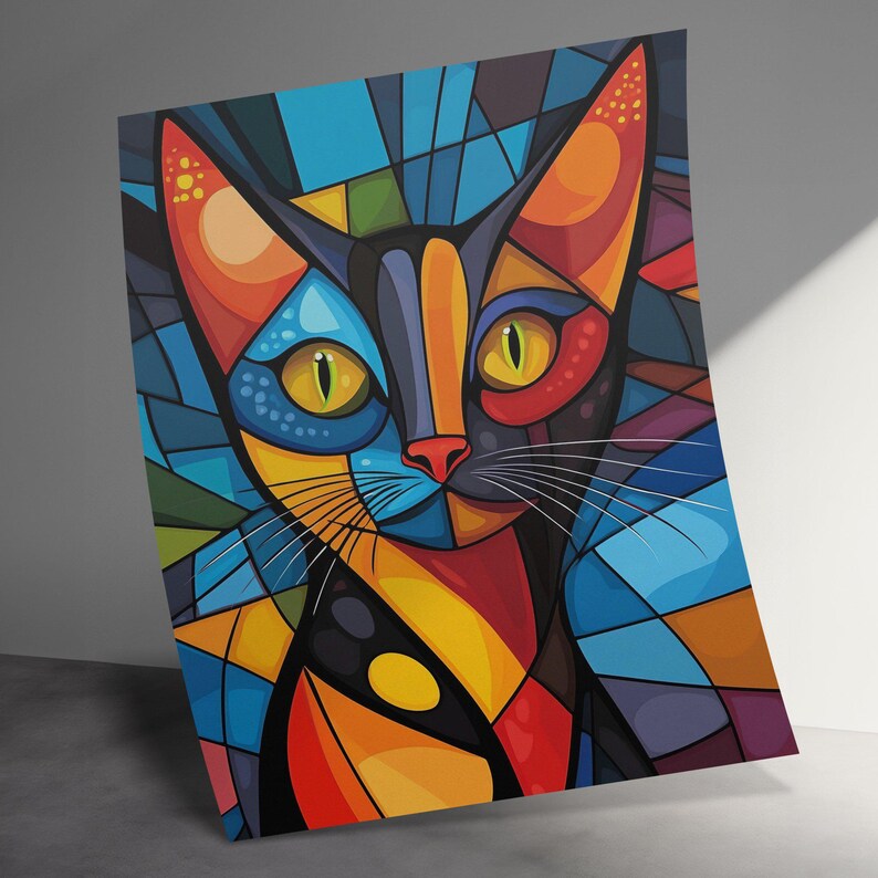 Colorful Cat Stained Glass Wall Art, Vibrant Animal Portrait Print
