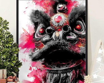 Lunar New Year Lion Dance Poster, Abstract Chinese Dragon Art, Asian Decor Print