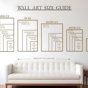 The image is a wall art size guide that provides dimensions for different wall art sizes, ranging from 2x3 to 11x14 feet.