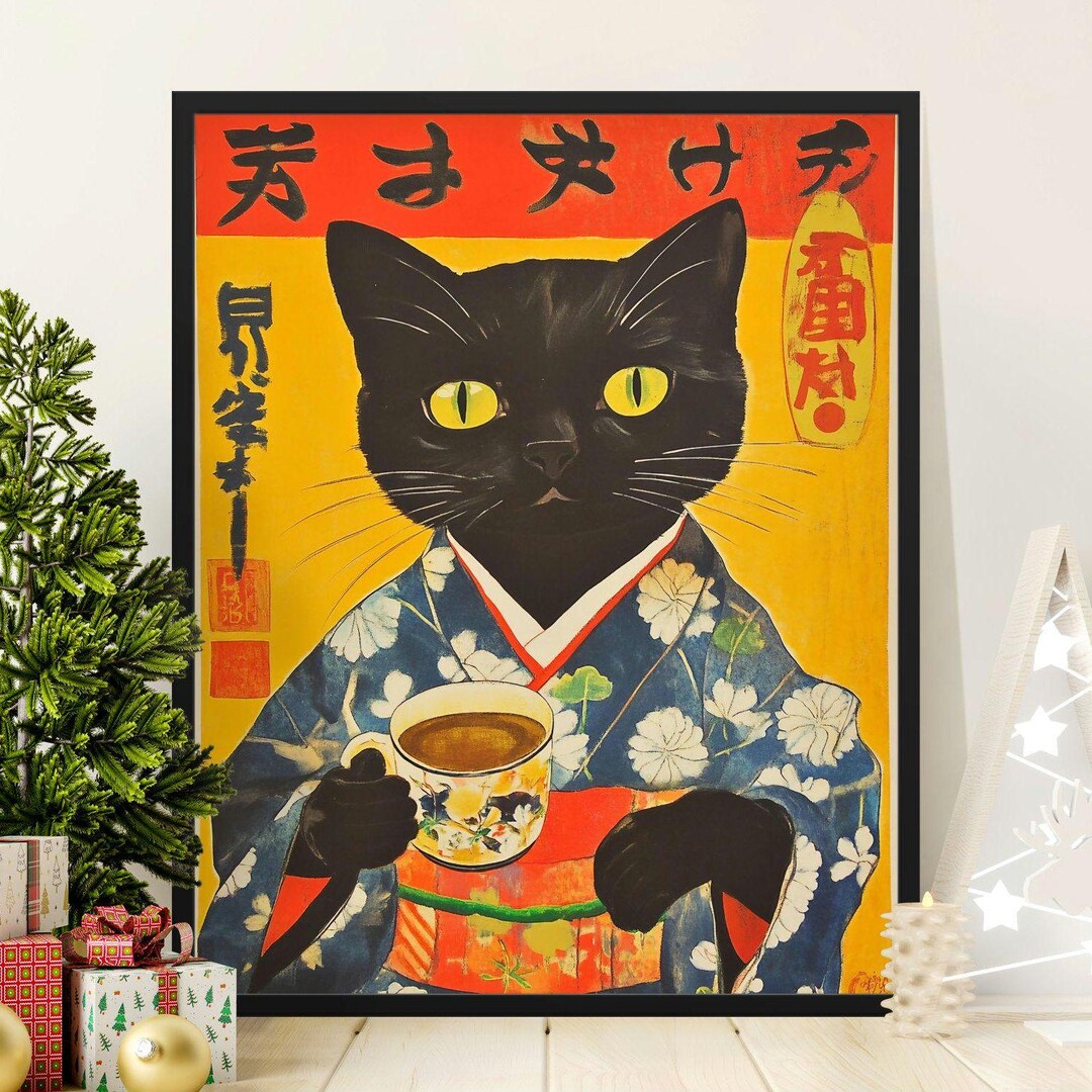 Vintage Japanese Cat Poster, Black Cat in Kimono Print, Asian Art Cat ...