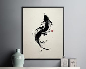 Koi Fish Ink Painting Art Print: Japanese Sumi e Zen Decor