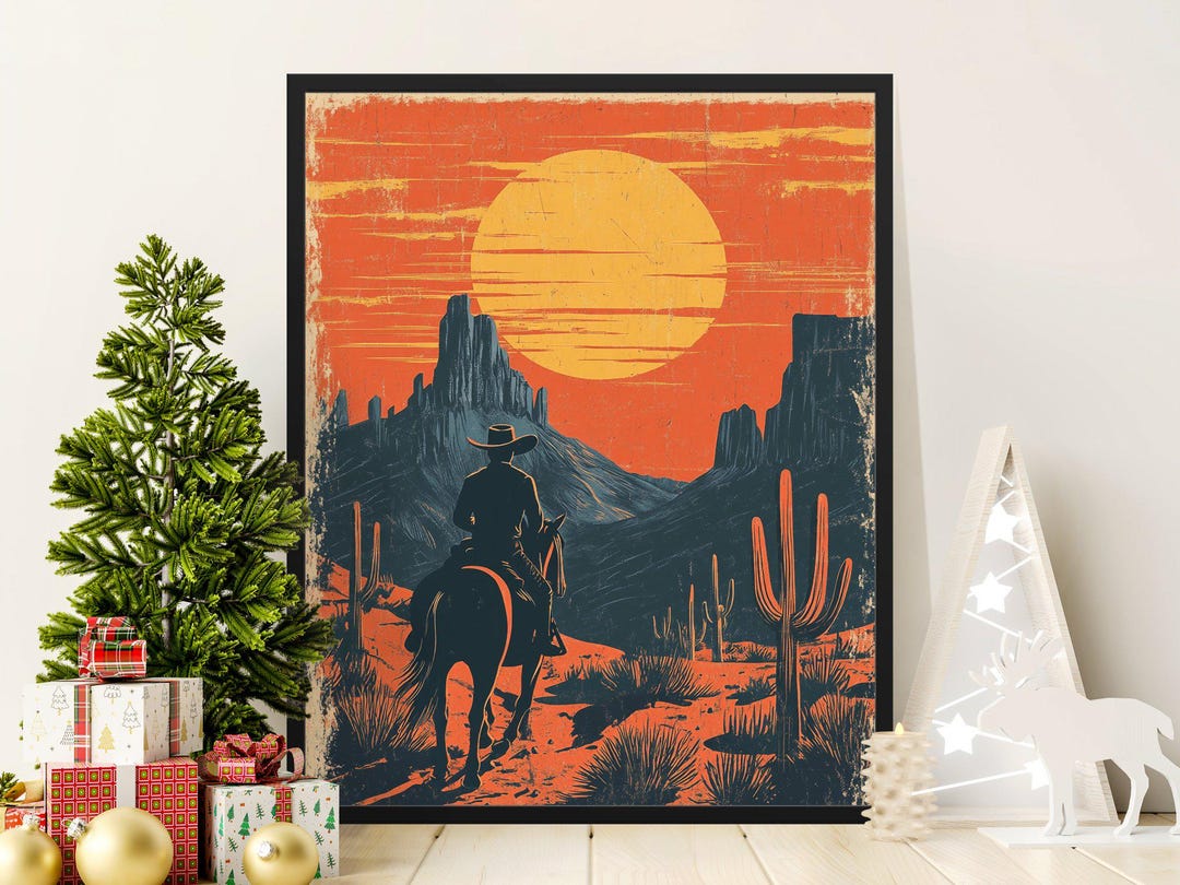 Vintage Western Sunset Cowboy Poster, Desert Landscape Wall Art Print ...