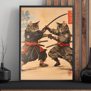 Samurai Cats Poster: Funny Ninja Feline Art Print