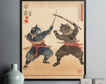 Samurai Cat Warrior Ukiyo-e Art Print: Japanese Feline Swordsmen